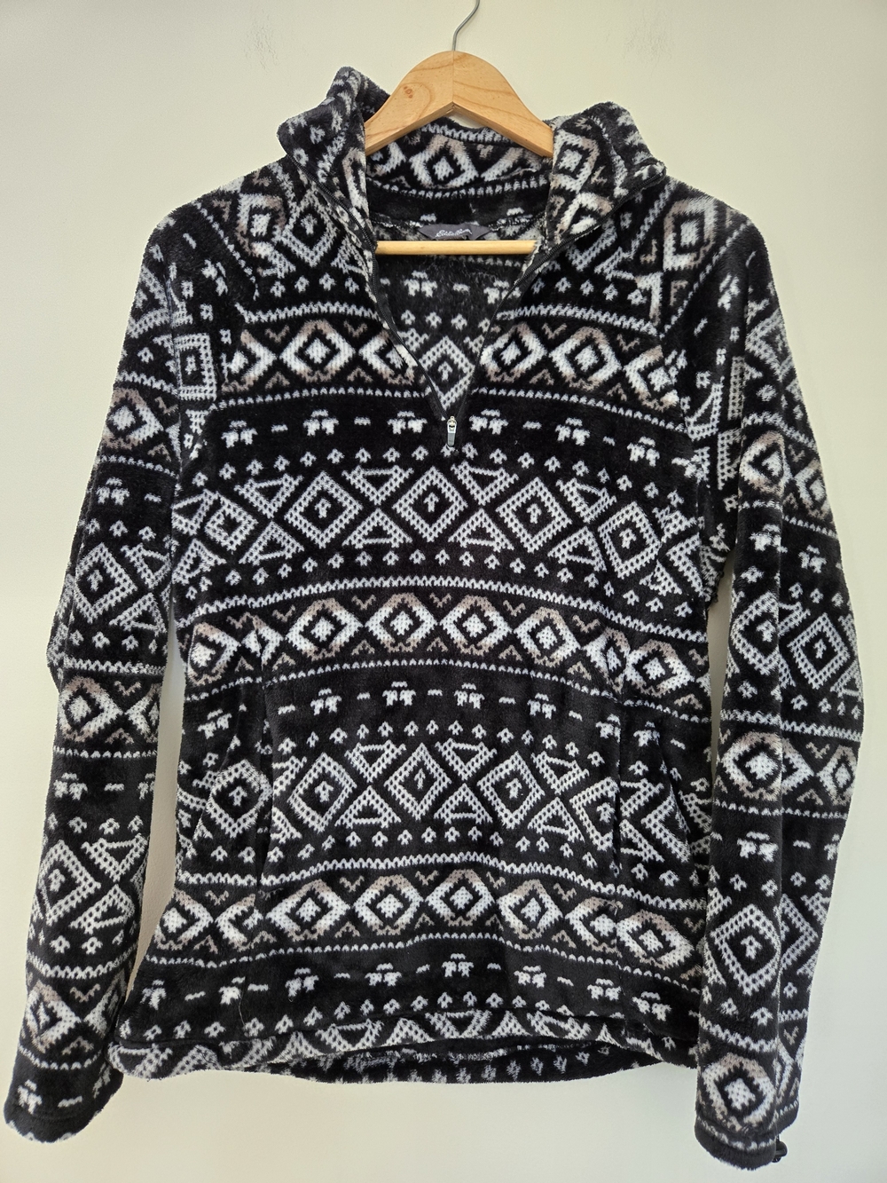 Black & White Patterned Half-Zip Hooded Sweater for Women